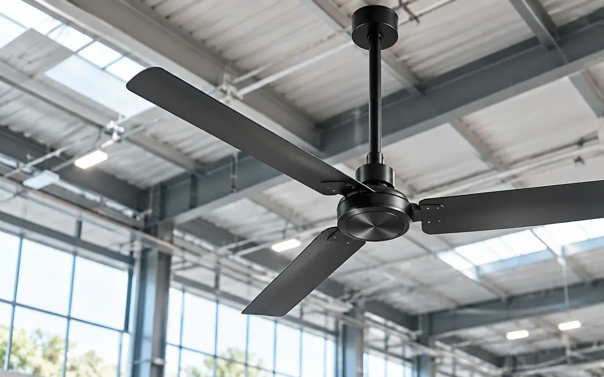 Black three-blade BLDC ceiling fan mounted from steel roof trusses in a bright industrial warehouse