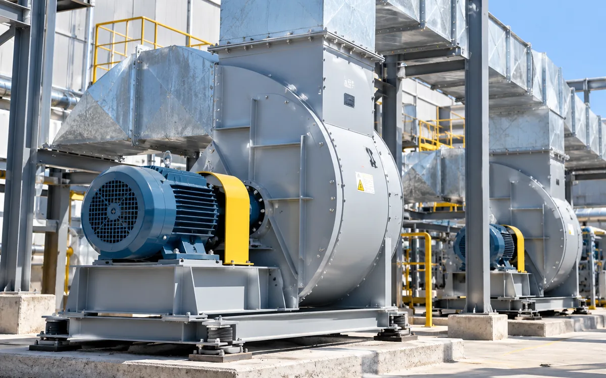 Industrial centrifugal fans with blue motors and ductwork installed on a rooftop plant deck