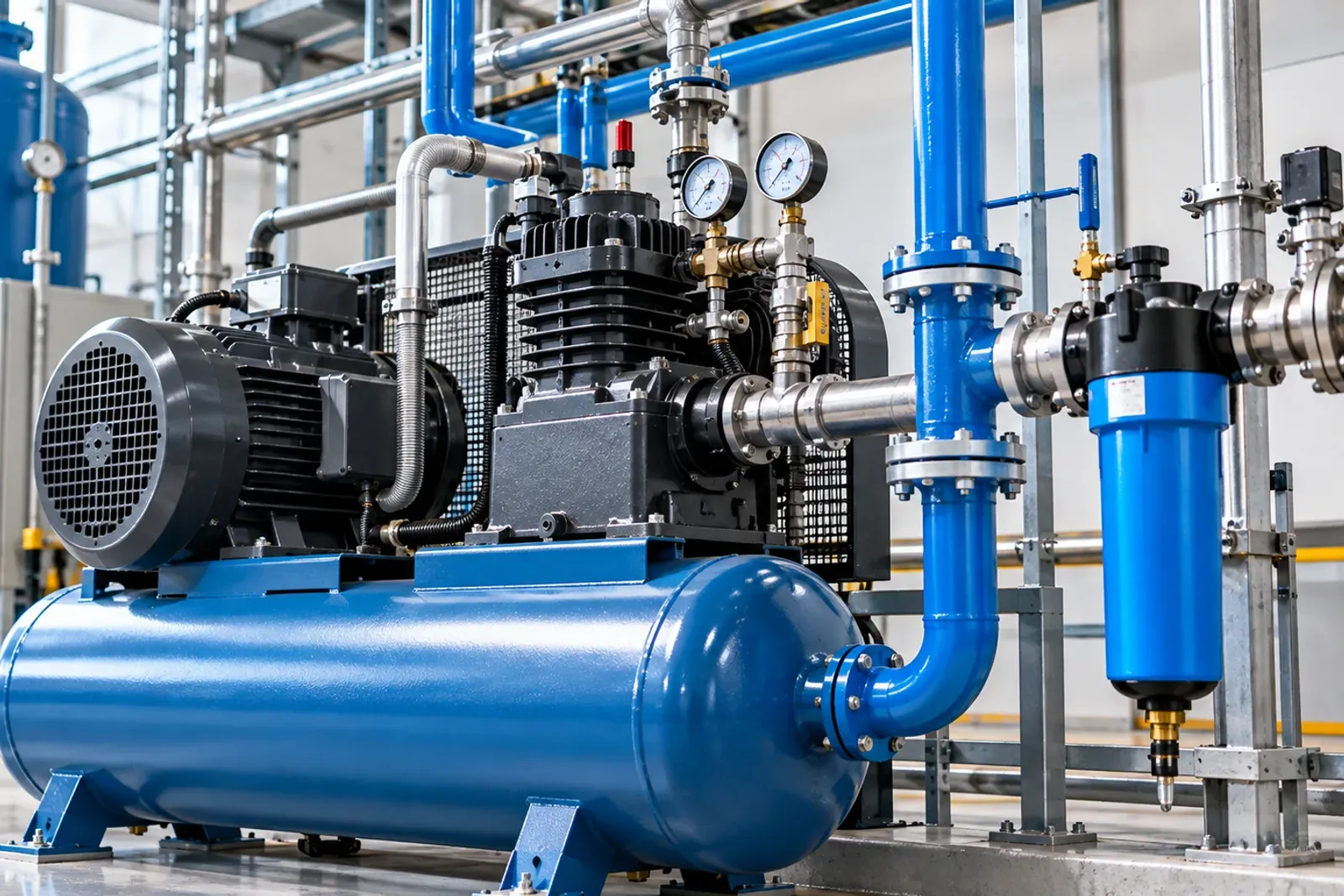 Blue reciprocating air compressor unit with pressure gauges, filters and a receiver tank