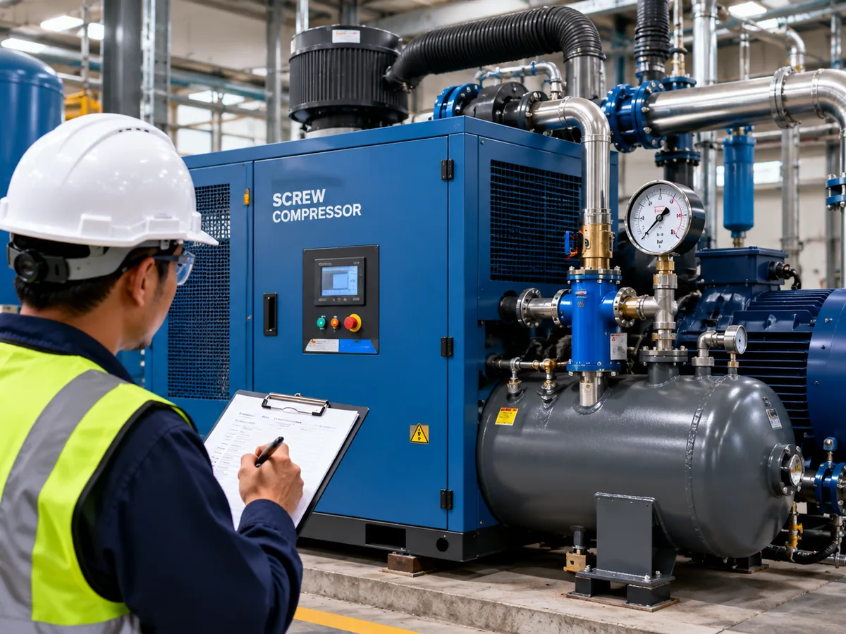 Auditor with a clipboard inspecting a blue screw compressor unit and its pressure gauges