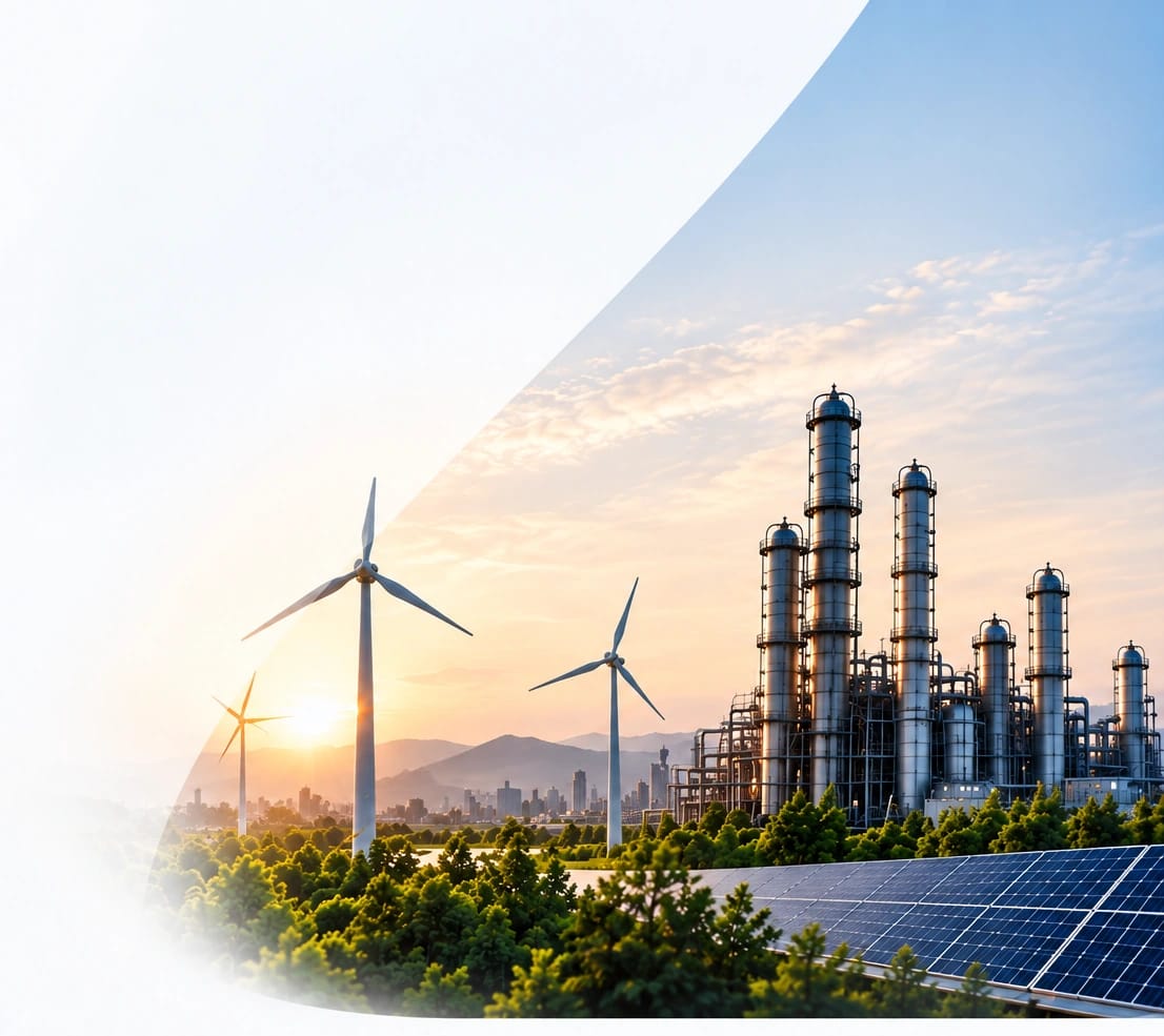 Wind turbines and an industrial plant with solar panels at sunrise