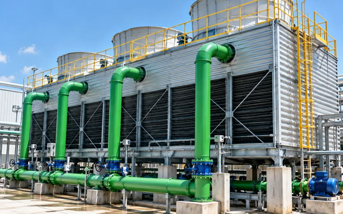 Induced-draft cooling tower cells with green water pipes and yellow safety railings