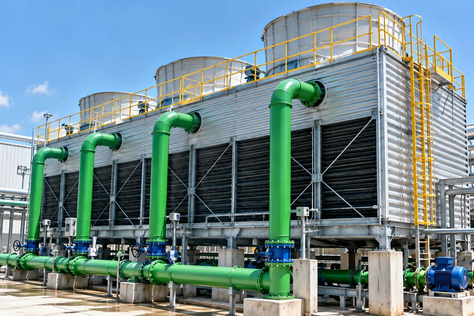 Induced-draft cooling tower cells with green water pipes and yellow safety railings