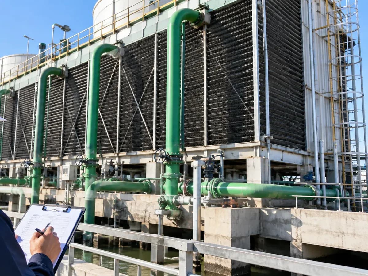 Auditor recording readings on a clipboard beside an induced-draft cooling tower with green pipework