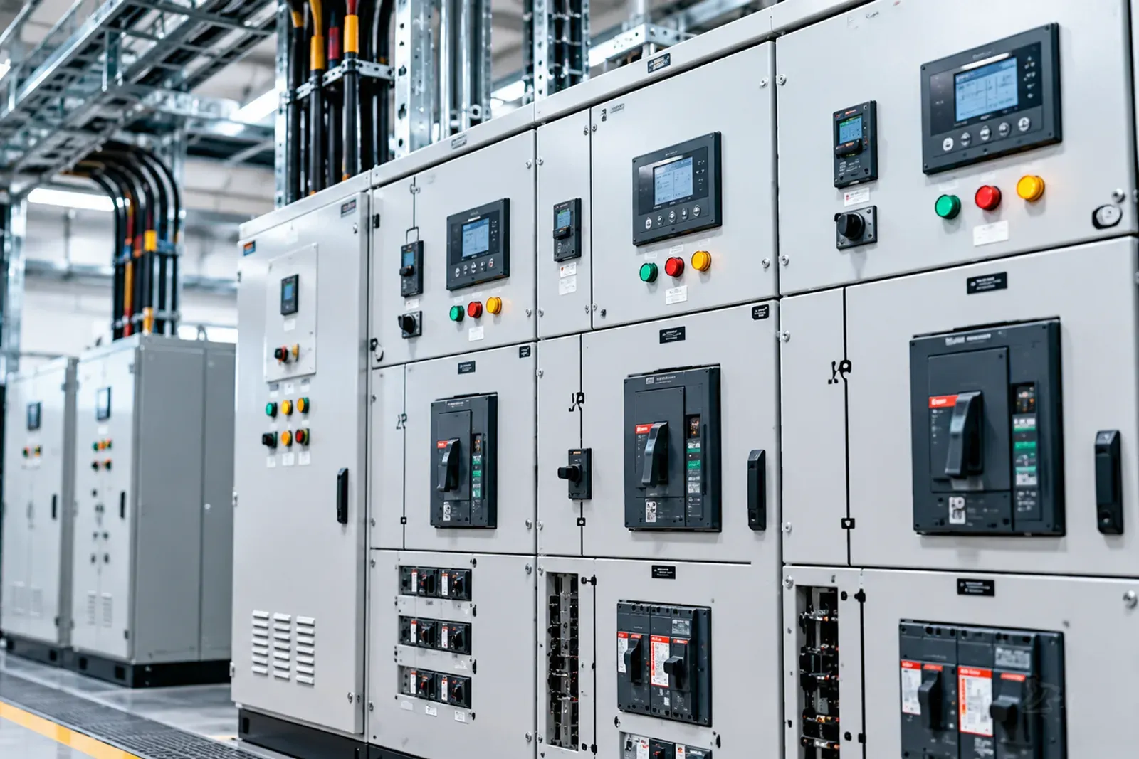 Row of low-voltage switchgear panels with circuit breakers and digital metering displays in an electrical room