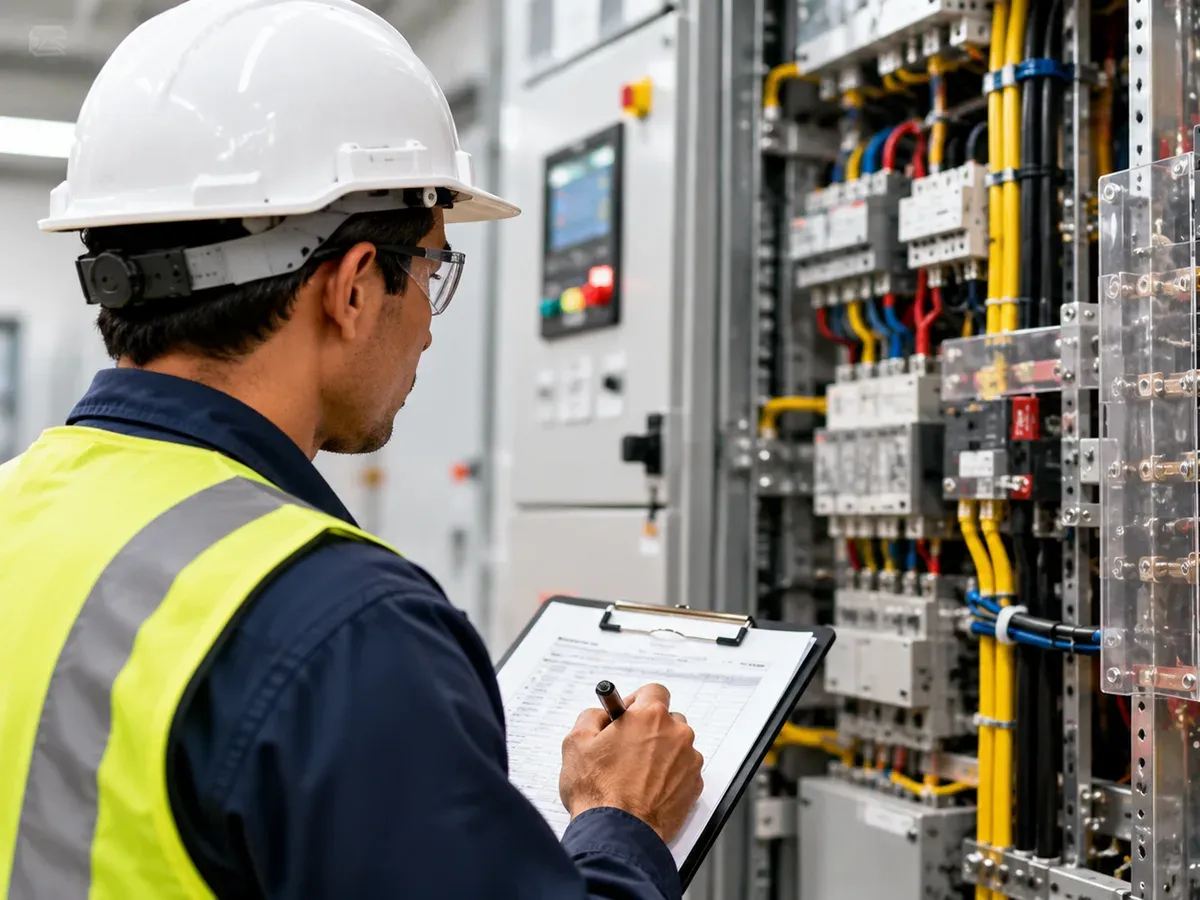 Energy auditor recording readings on a clipboard while inspecting an open electrical panel with breakers and wiring