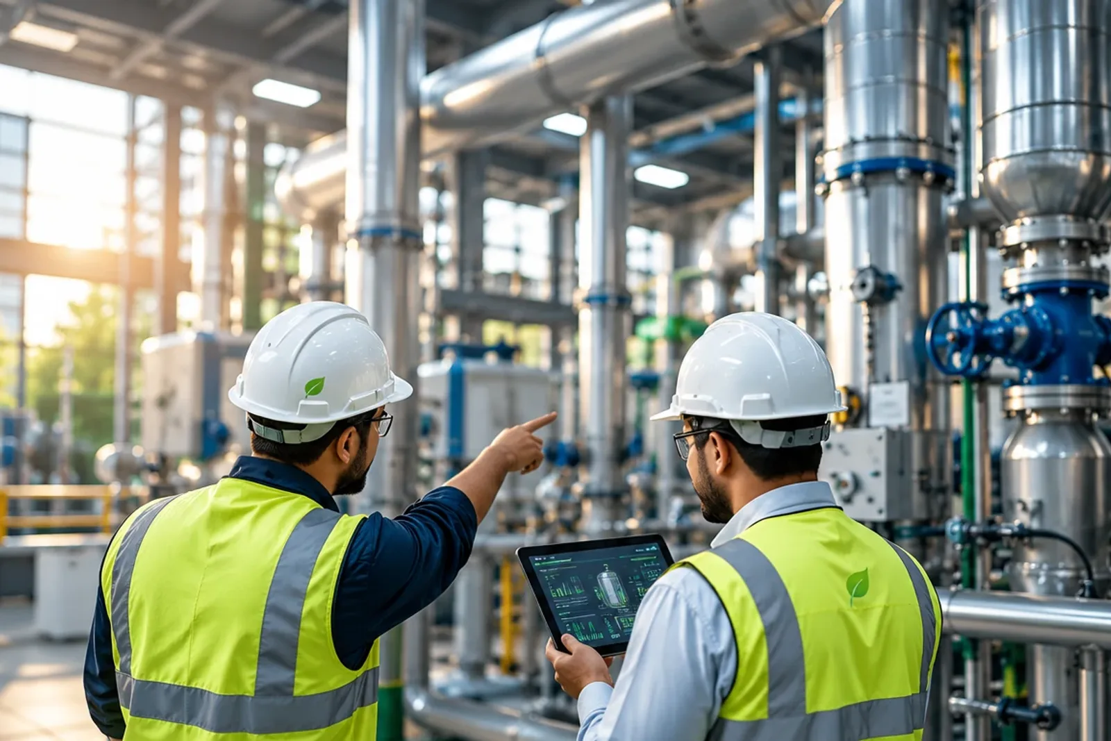 Senior engineer pointing out a reading to a colleague holding a tablet with live energy data, beside industrial pipework