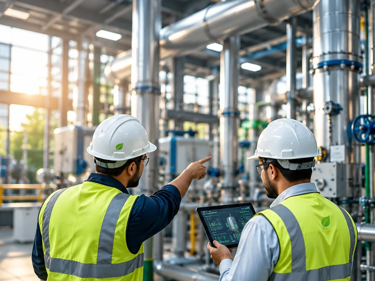 Close-up of two engineers reviewing an energy dashboard on a tablet during a plant training session