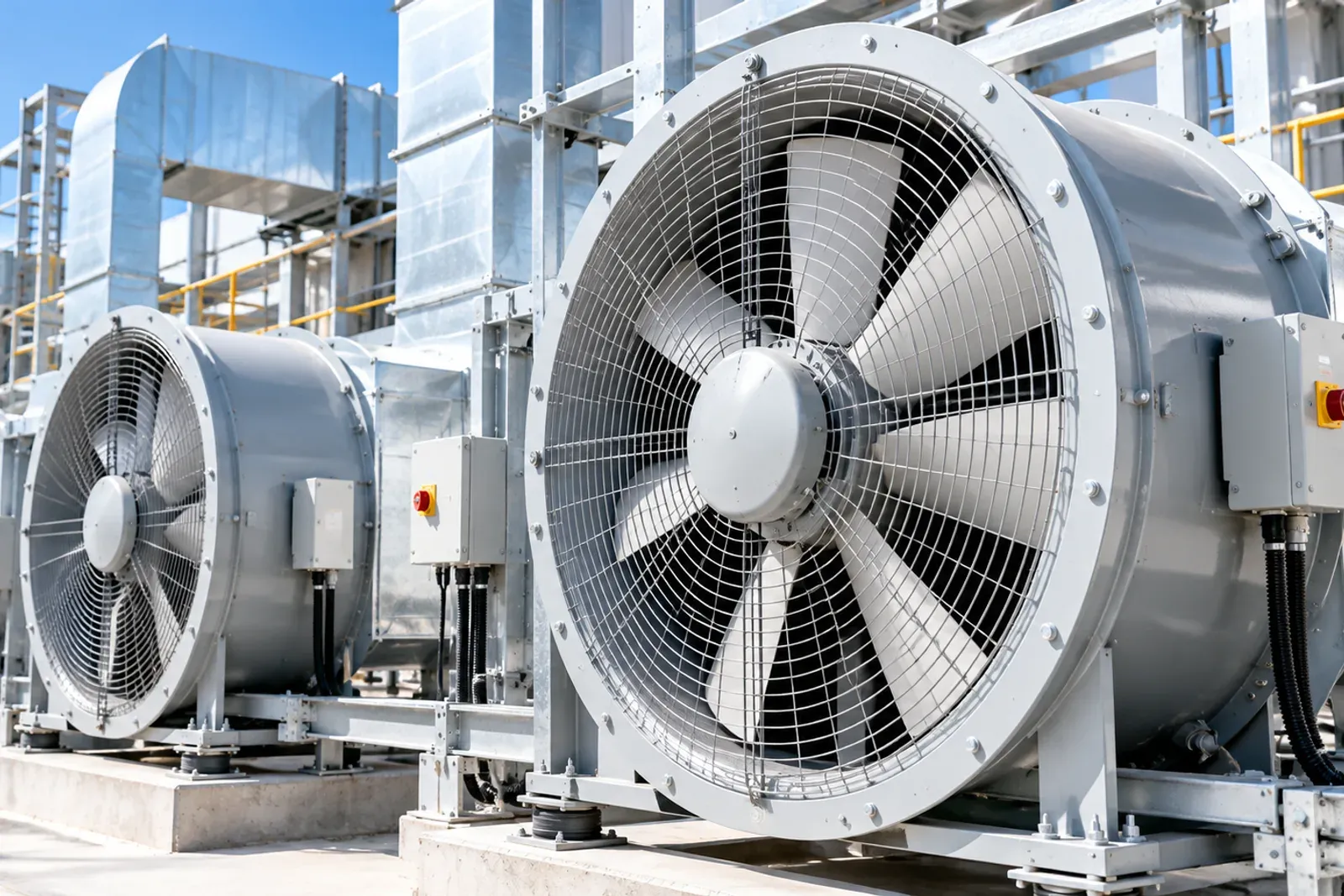 Row of large axial fans with mesh guards mounted on a rooftop under a clear blue sky