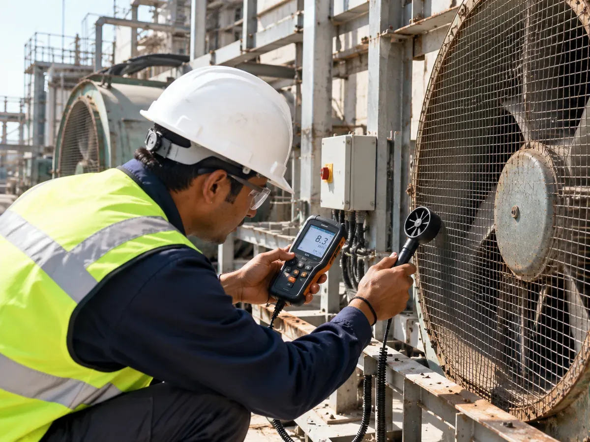 Auditor measuring airflow with a handheld anemometer and data logger at an industrial exhaust fan