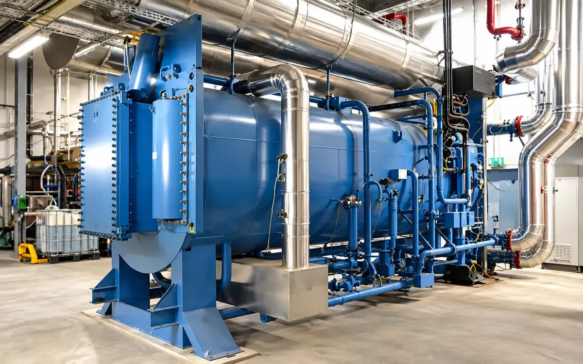 Large blue industrial heat pump with insulated steel pipework and flanged heat exchangers in a plant room
