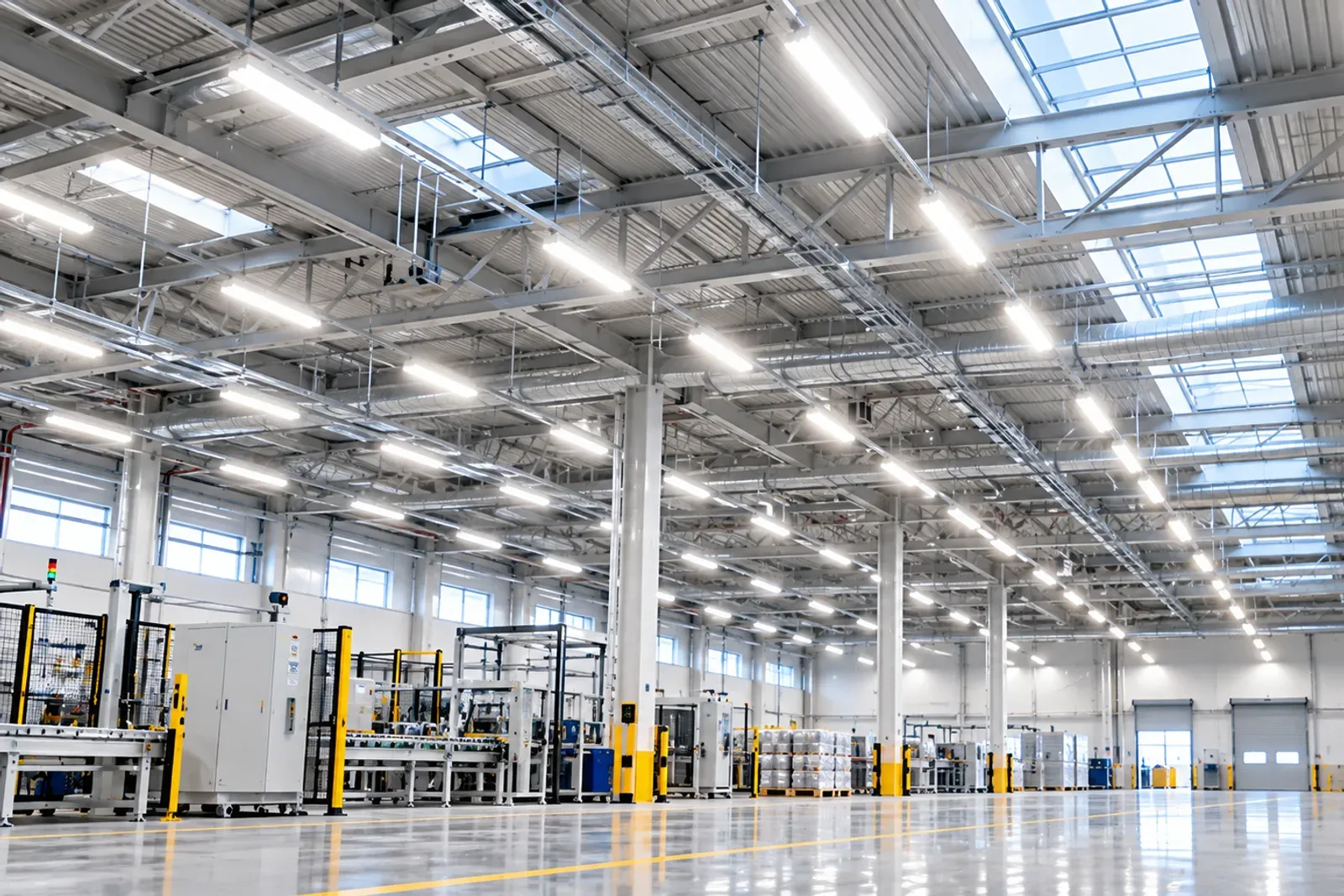 Industrial unit with rows of LED linear lighting and production line equipment on a polished floor