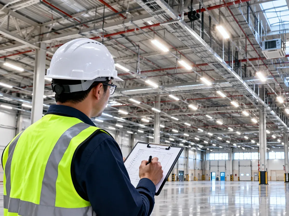 Auditor recording a lighting survey on a clipboard in a warehouse lit by rows of LED strip lights