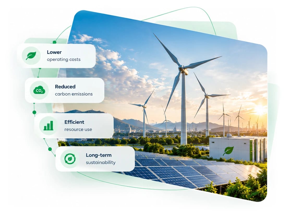 Wind turbines, an industrial plant and solar panels at sunrise, with our outcomes: Lower operating costs, Reduced carbon emissions, Efficient resource use, Long-term sustainability