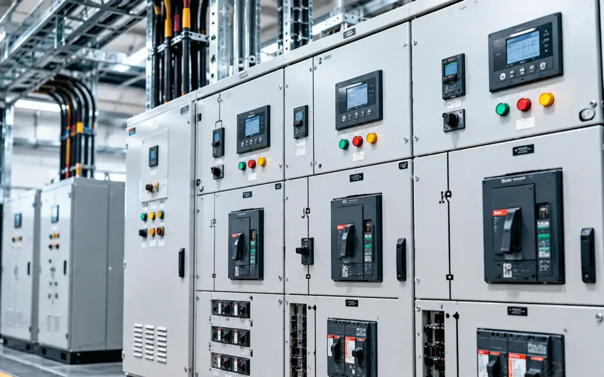 Row of digital control panels with HMI touchscreens, indicator lights and circuit breakers in an electrical room