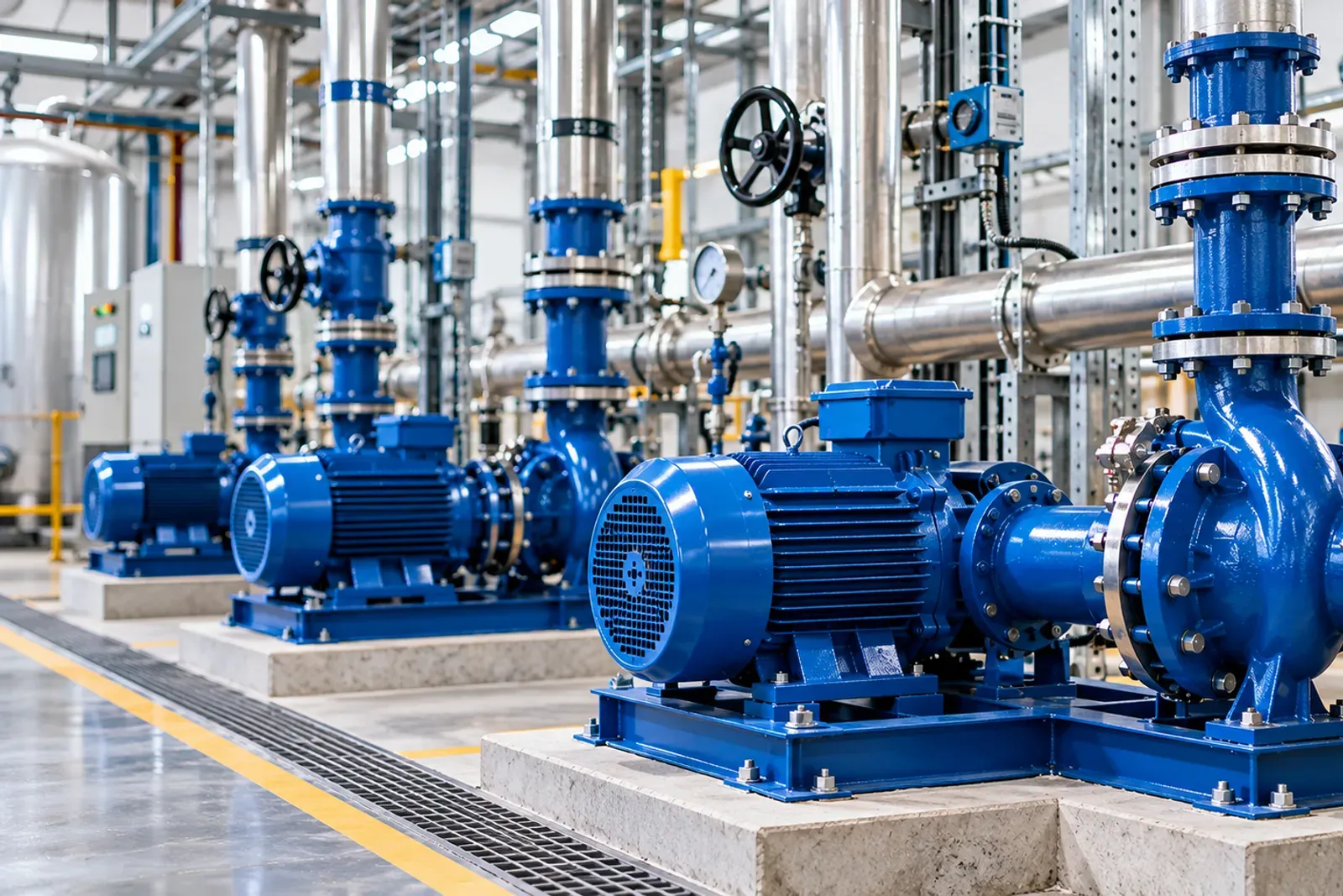 Row of blue motor-driven centrifugal pumps with flanged pipework in an industrial plant room