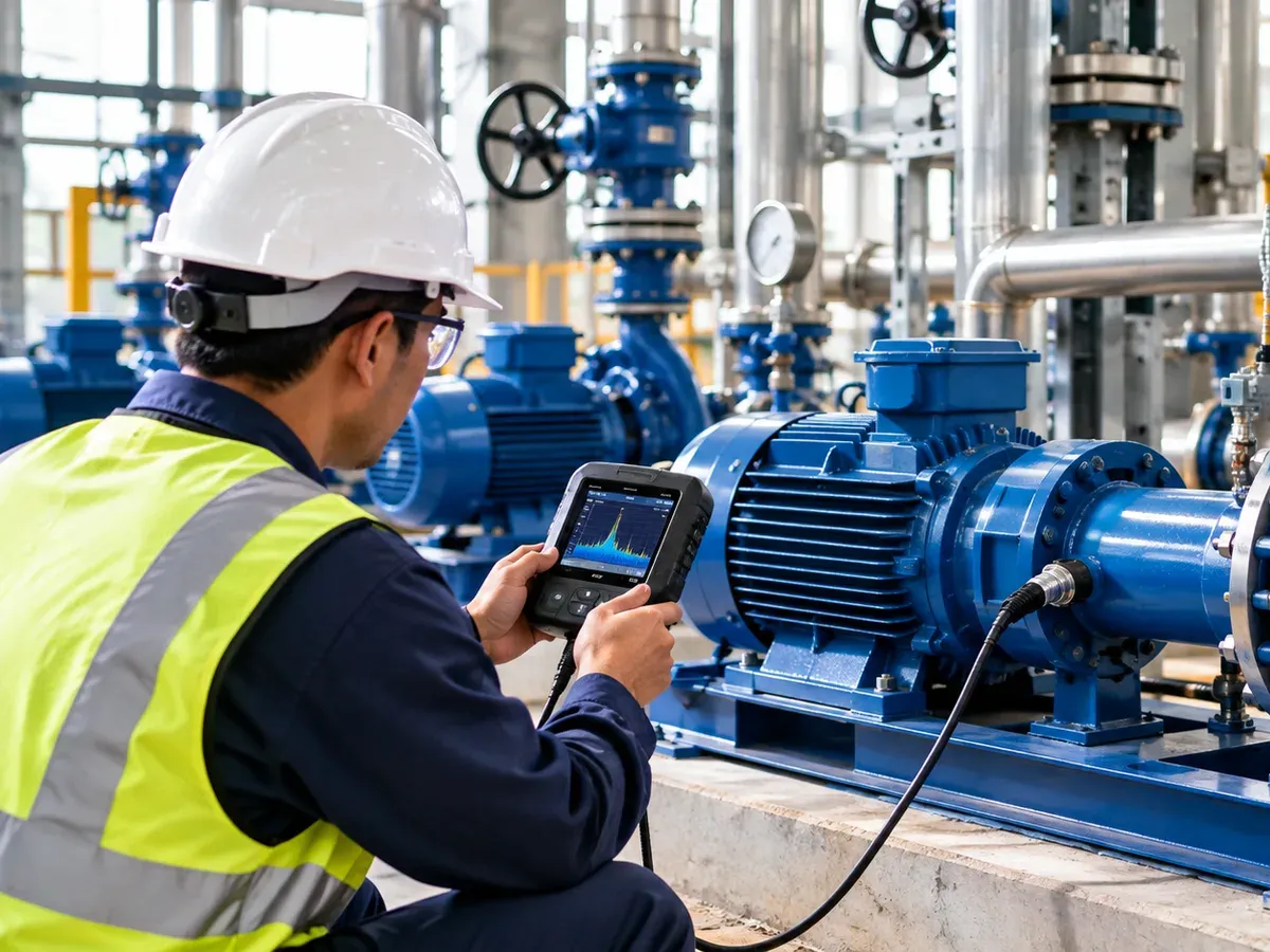 Auditor using a vibration analyser to check a blue centrifugal pump motor