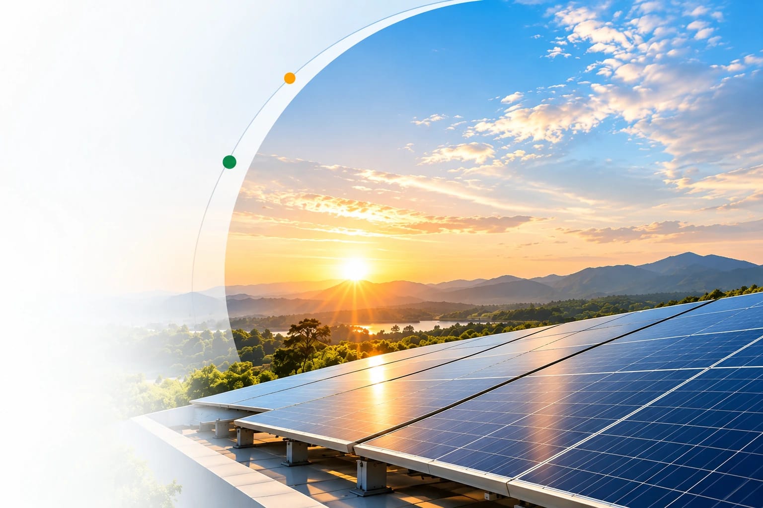 Rooftop solar panels facing the sunrise over green hills
