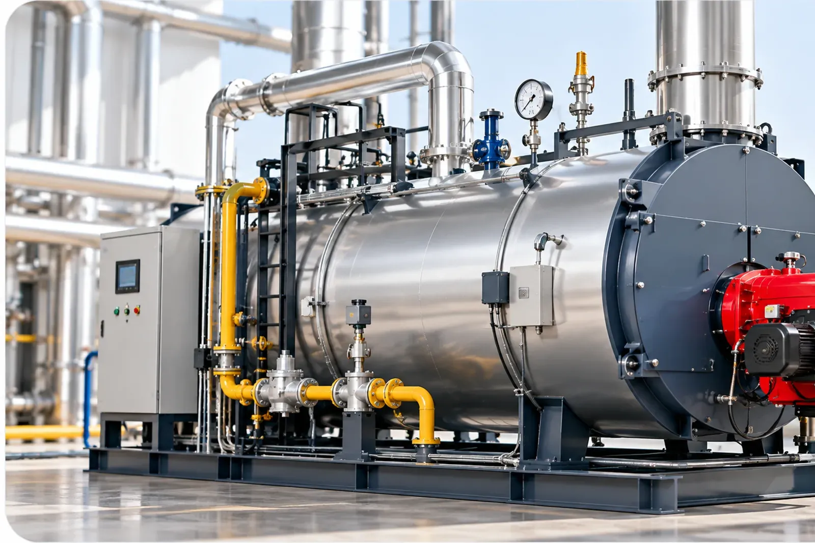 Gas-fired shell boiler with a red burner assembly and insulated steam pipework at an industrial plant