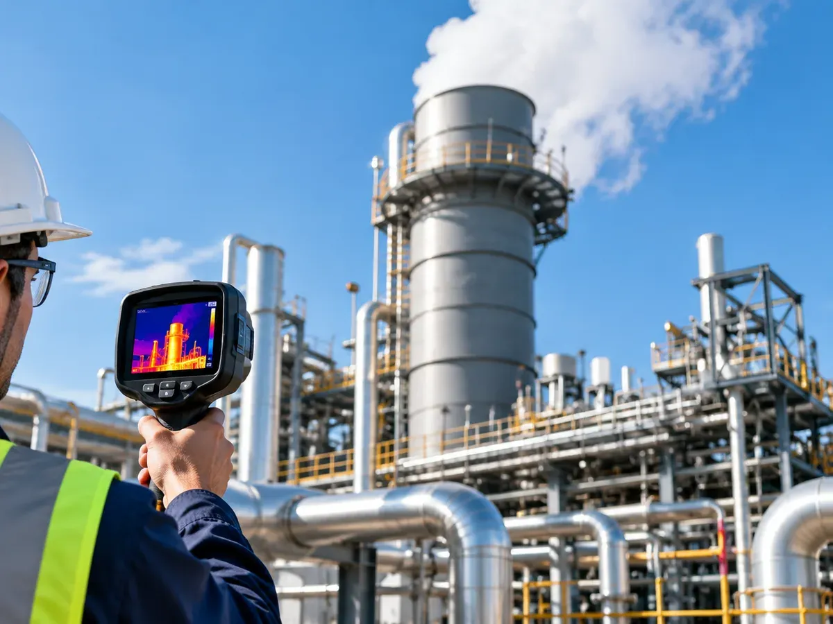 Energy auditor using a thermal imaging camera to inspect pipework at an industrial plant, with a steam stack in the background