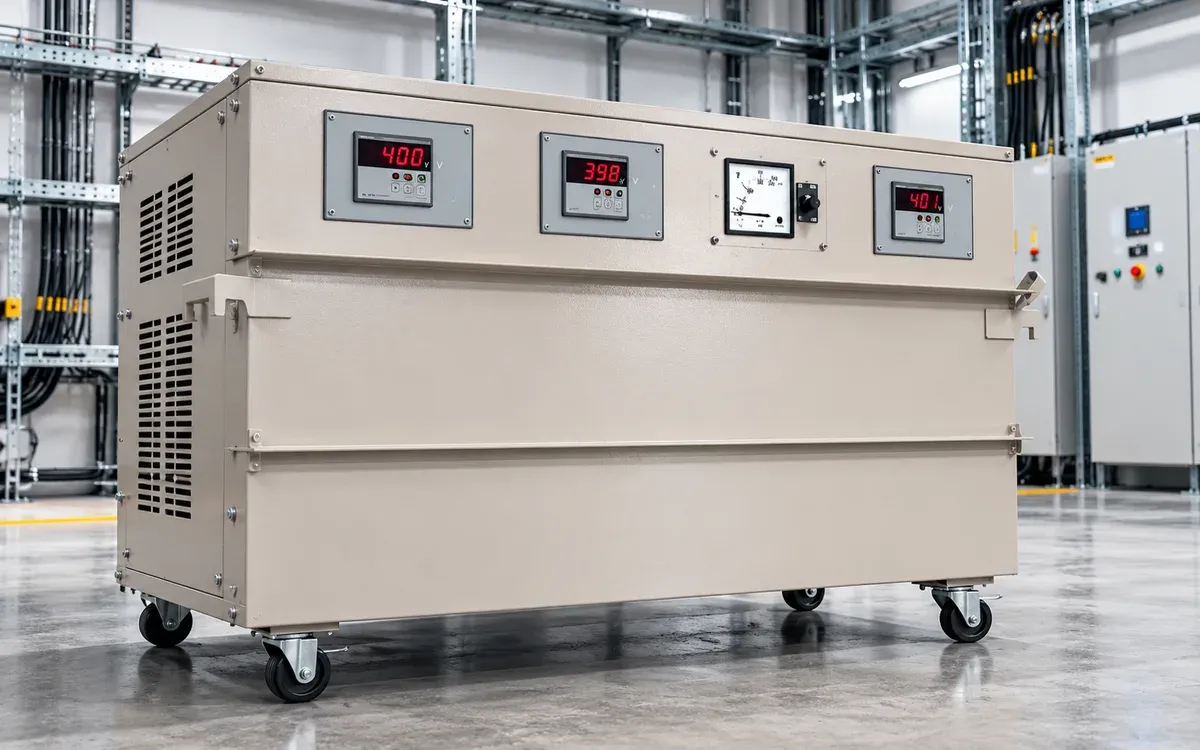 Three-phase servo voltage stabiliser cabinet on castor wheels, with digital controller displays and an analog voltmeter