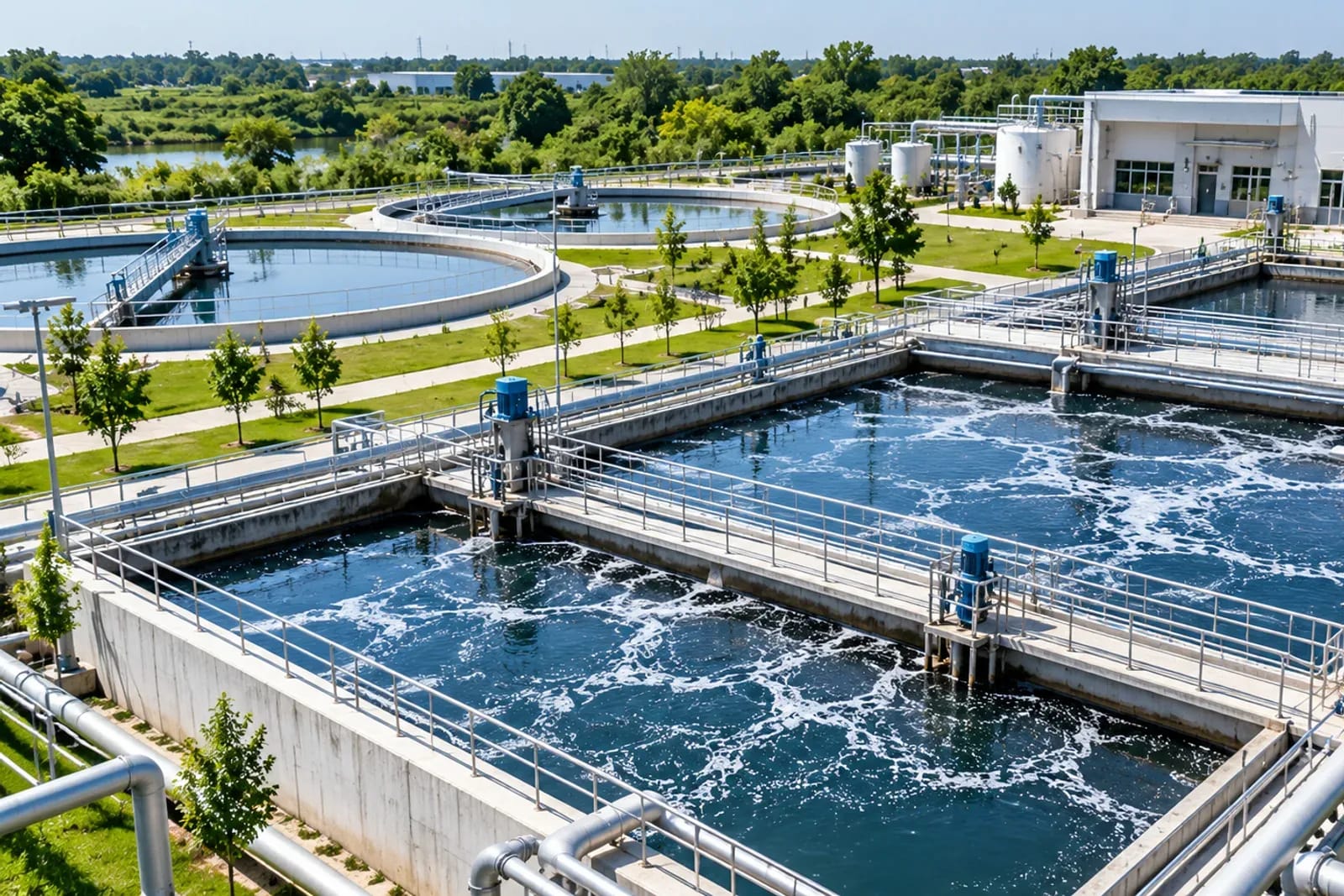 Aerial view of a water treatment plant with circular clarifiers, aeration basins and an operations building