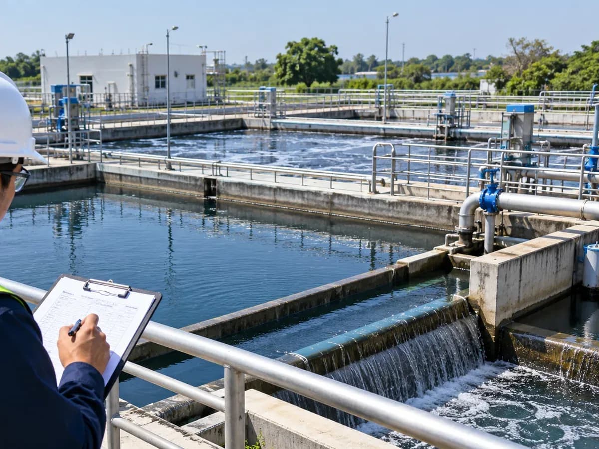 Auditor recording readings on a clipboard overlooking aeration tanks at a water treatment plant
