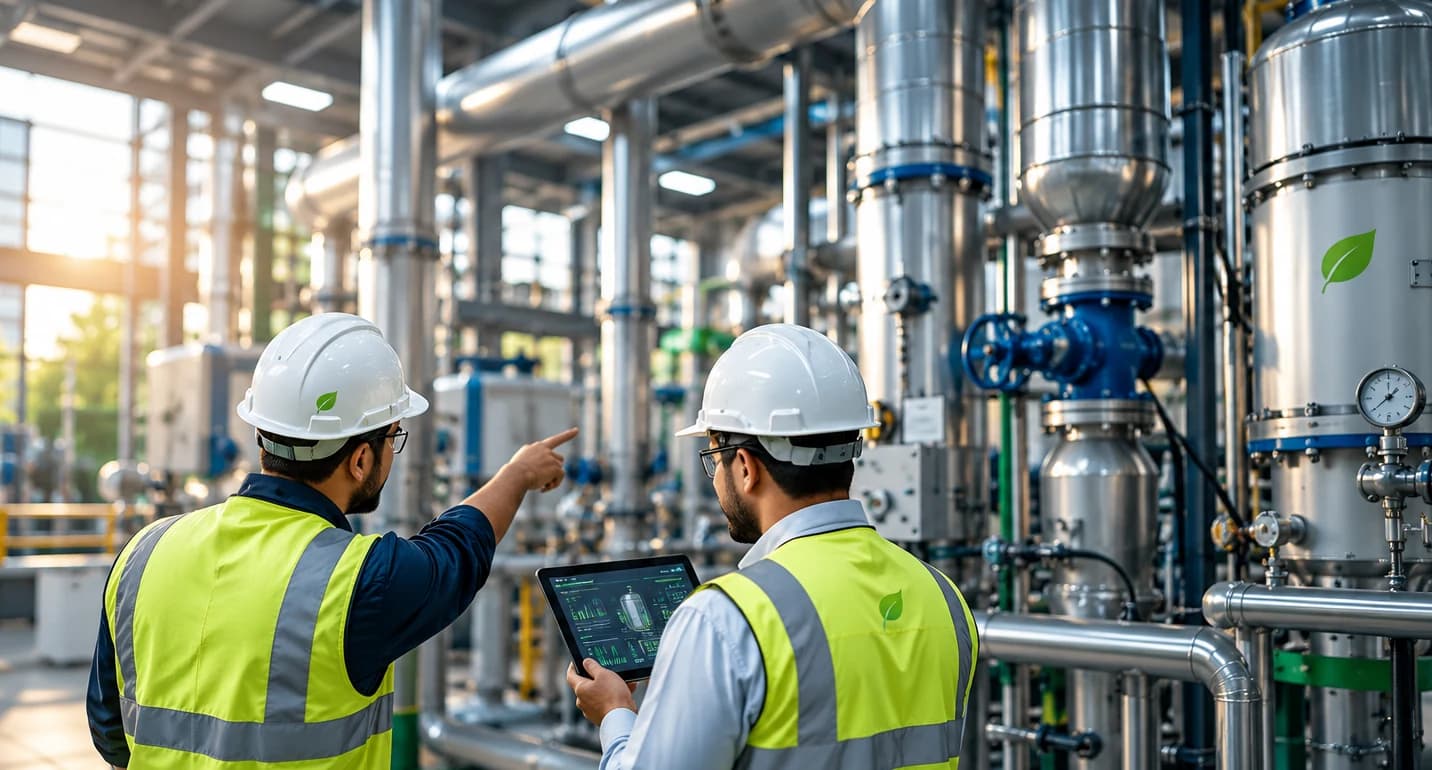 Two engineers in hard hats and hi-vis vests, one pointing at plant pipework while the other holds a tablet