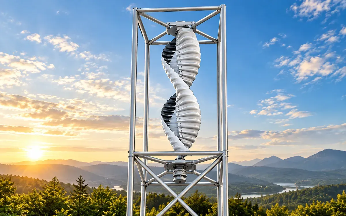 Helical vertical-axis wind turbine on a steel lattice tower at sunrise, with forested hills and a lake in the background